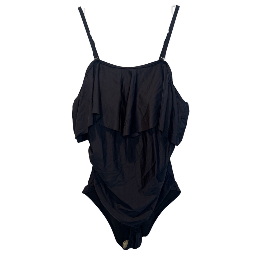 Womens Black Ruffle One Piece Swimsuit Adjustable Straps Large NEW